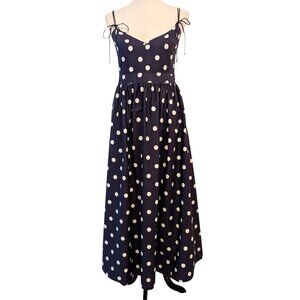 En Saison Womens Size M Navy White Polka Dot Tie Straps Cotton Lined Sundress
